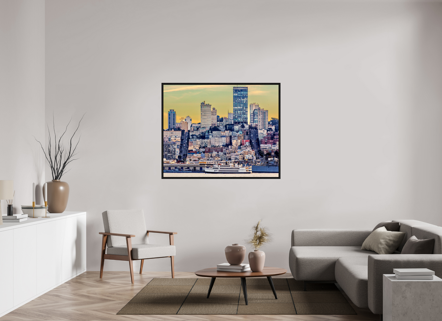 53.7 x 43″, Floater Frame San Francisco - Cityscape with Ferry at Sunse