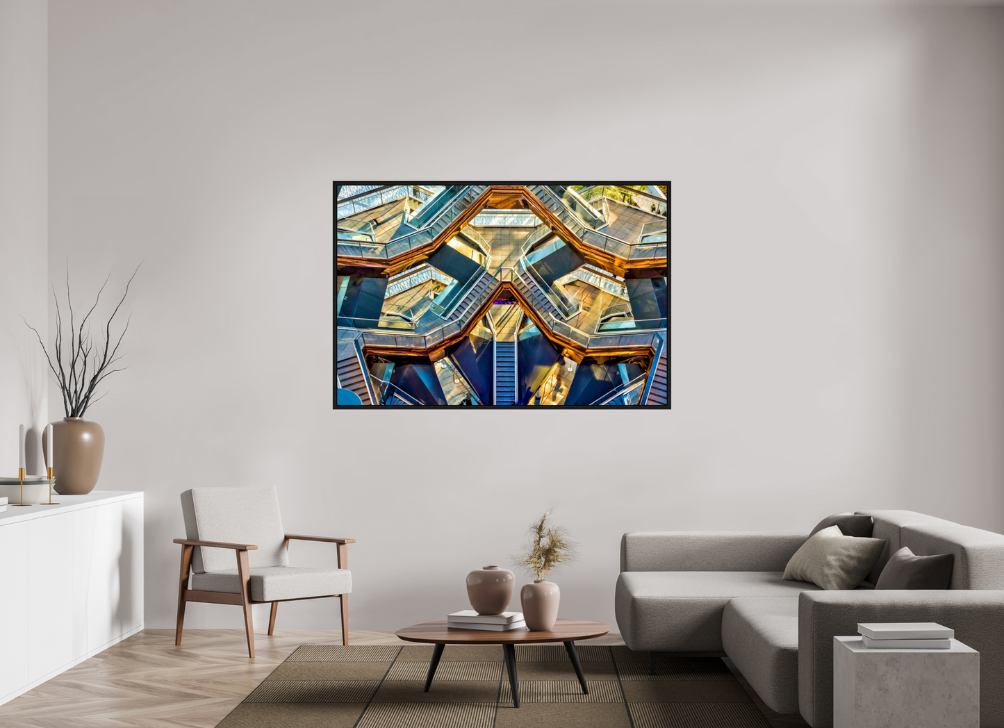 66 x 44″, Floater Frame New York - Golden Geometry — The Vessel, Architectural Fine Art Photograph