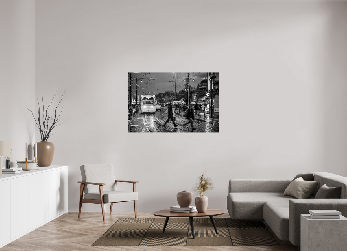 54 x 36″, Photo Print On Fuji Crystal DP II Rainy Evening Tram — Istanbul Street Photography (Black & White)