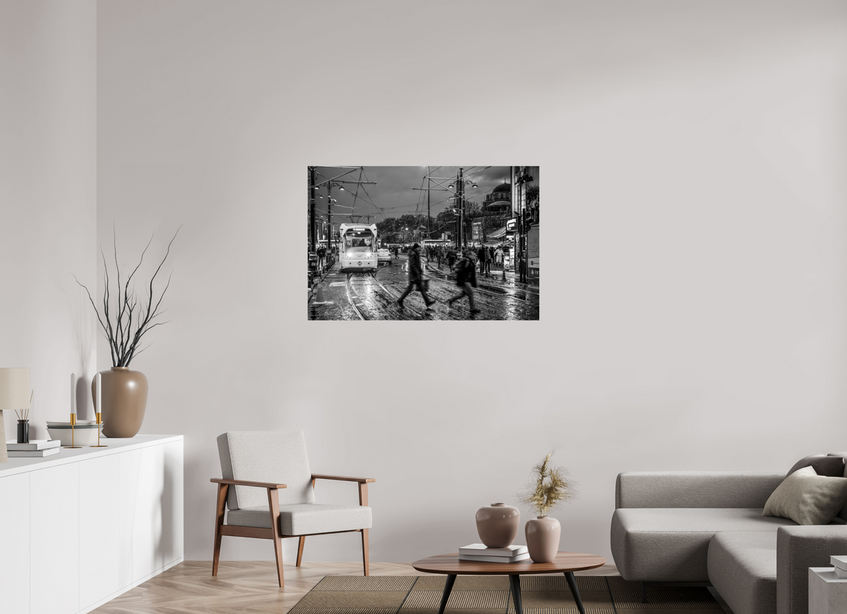 45 x 30″, Photo Print On Fuji Crystal DP II Rainy Evening Tram — Istanbul Street Photography (Black & White)