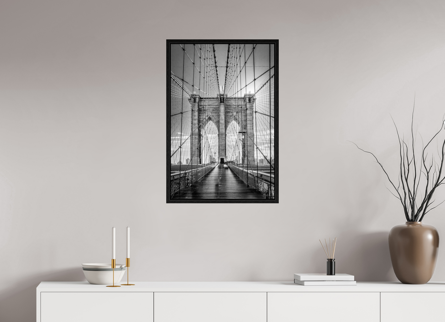 20 x 30″, Floater Frame Lines of Infinity – Brooklyn Bridge Fine Art Black & White Photography Print