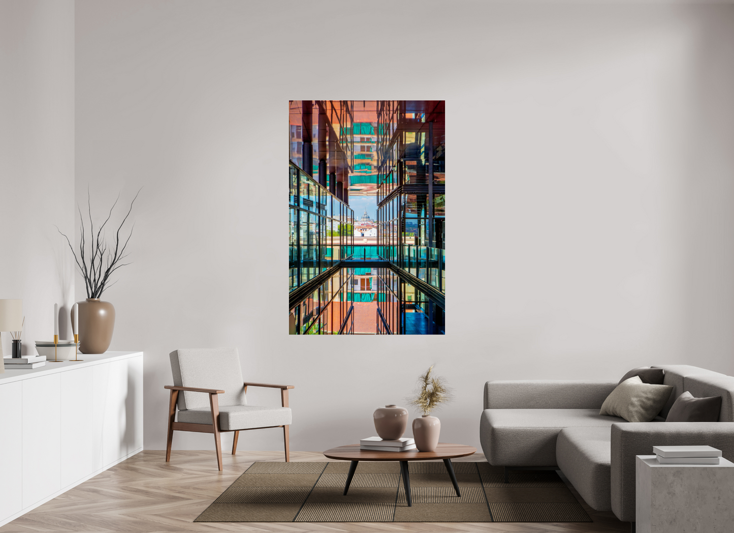 44 x 66″, Photo Print Under Acrylic Glass Madrid Architectural Reflection Print – Colegiata de San Isidro Dome from Reina Sofía Museum