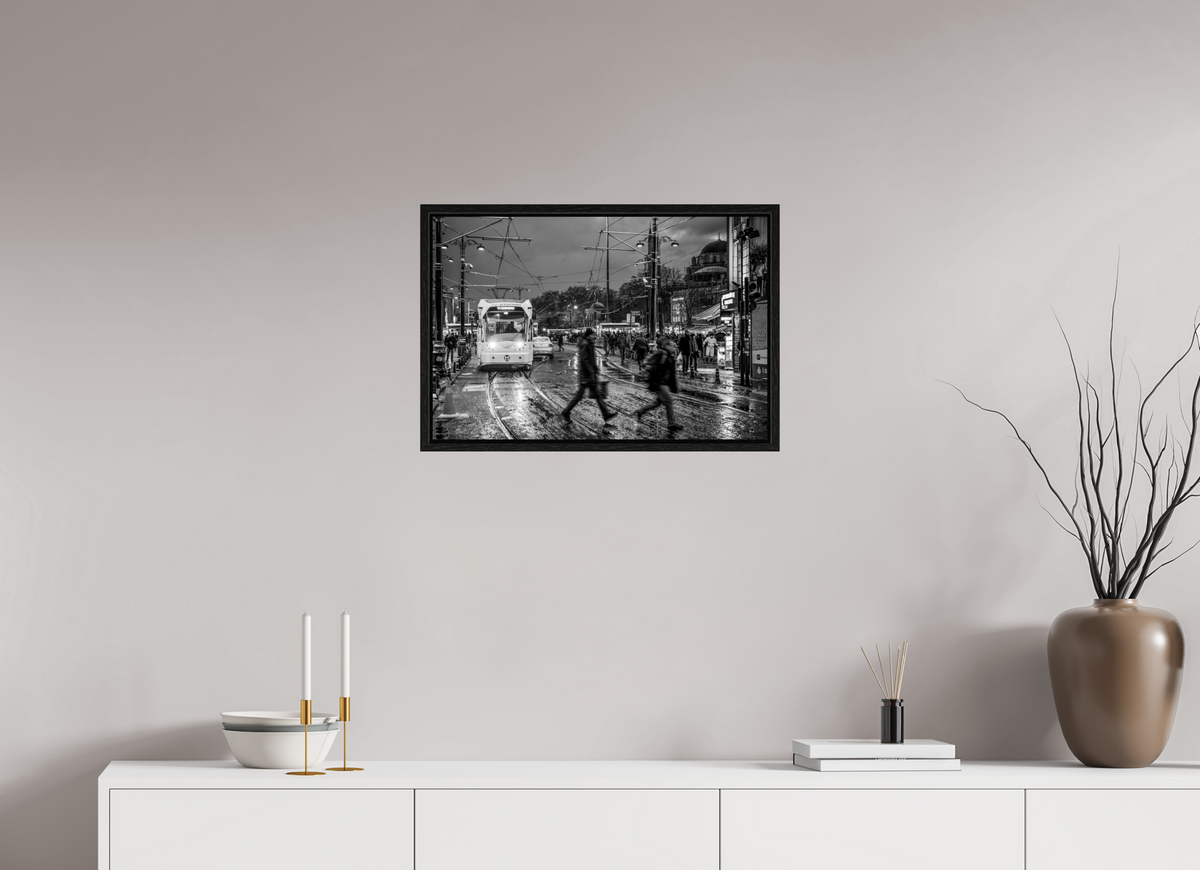 24 x 16″, Floater Frame Rainy Evening Tram — Istanbul Street Photography (Black & White)