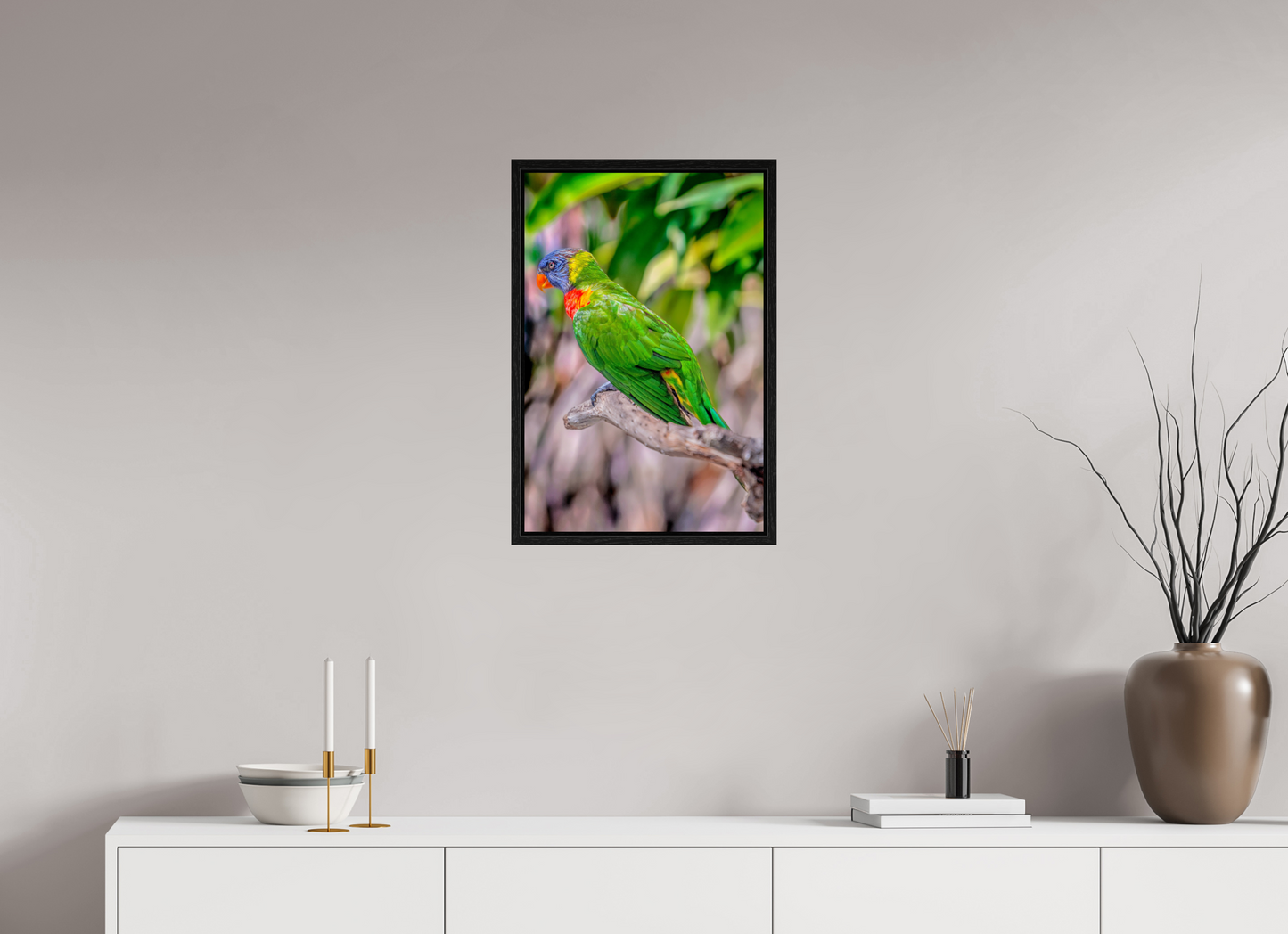16 x 24″, Floater Frame Rainbow Lorikeet on Branch – Vibrant Tropical Bird Fine Art Photography Print