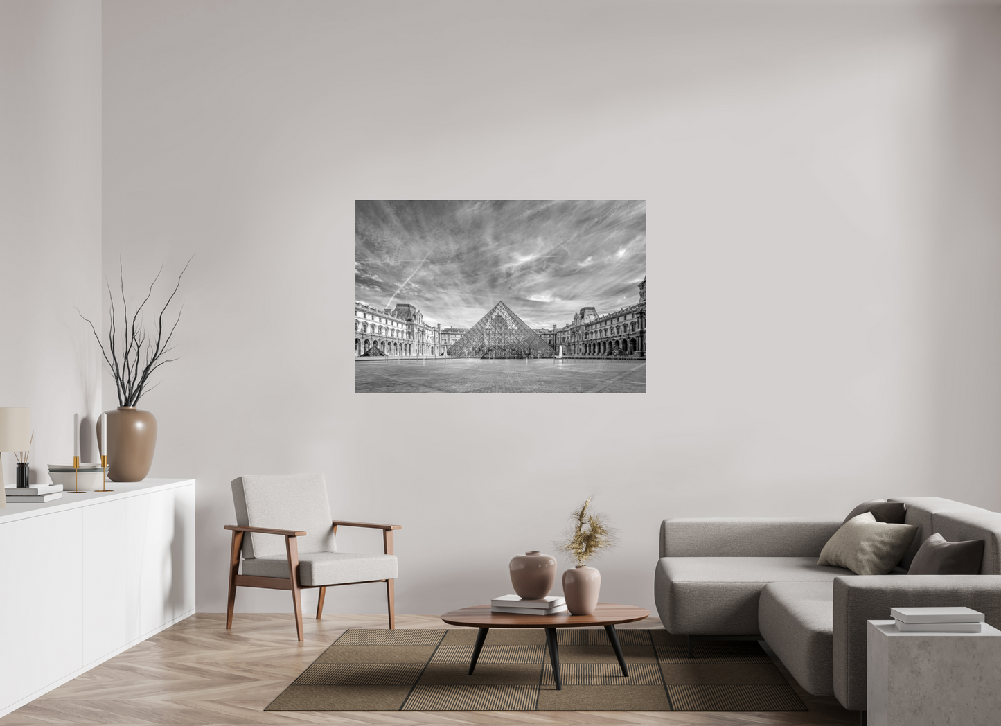 60 x 40″, Photo Print Under Acrylic Glass Paris - Architectural Fine Art Photograph (Black & White)- Louvre Pyramid Symphony