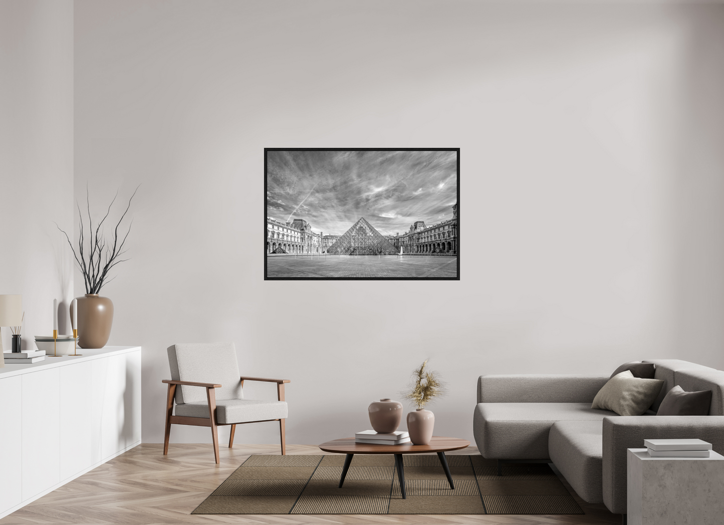 54 x 36″, Floater Frame Paris - Architectural Fine Art Photograph (Black & White)- Louvre Pyramid Symphony