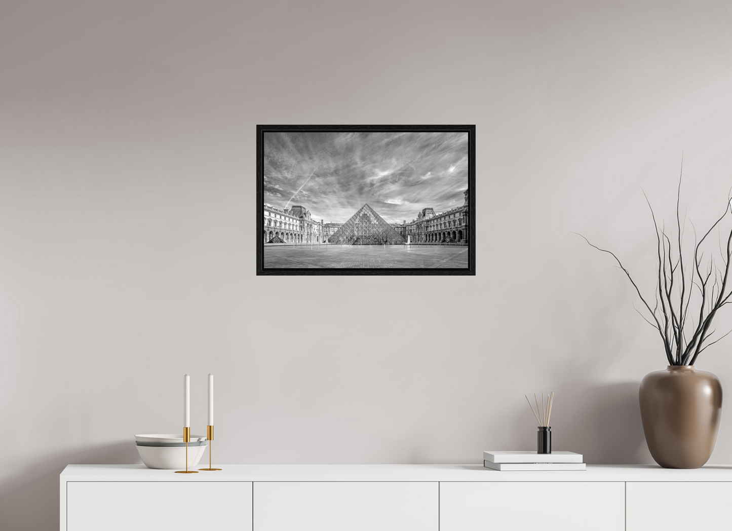 24 x 16″, Floater Frame Paris - Architectural Fine Art Photograph (Black & White)- Louvre Pyramid Symphony