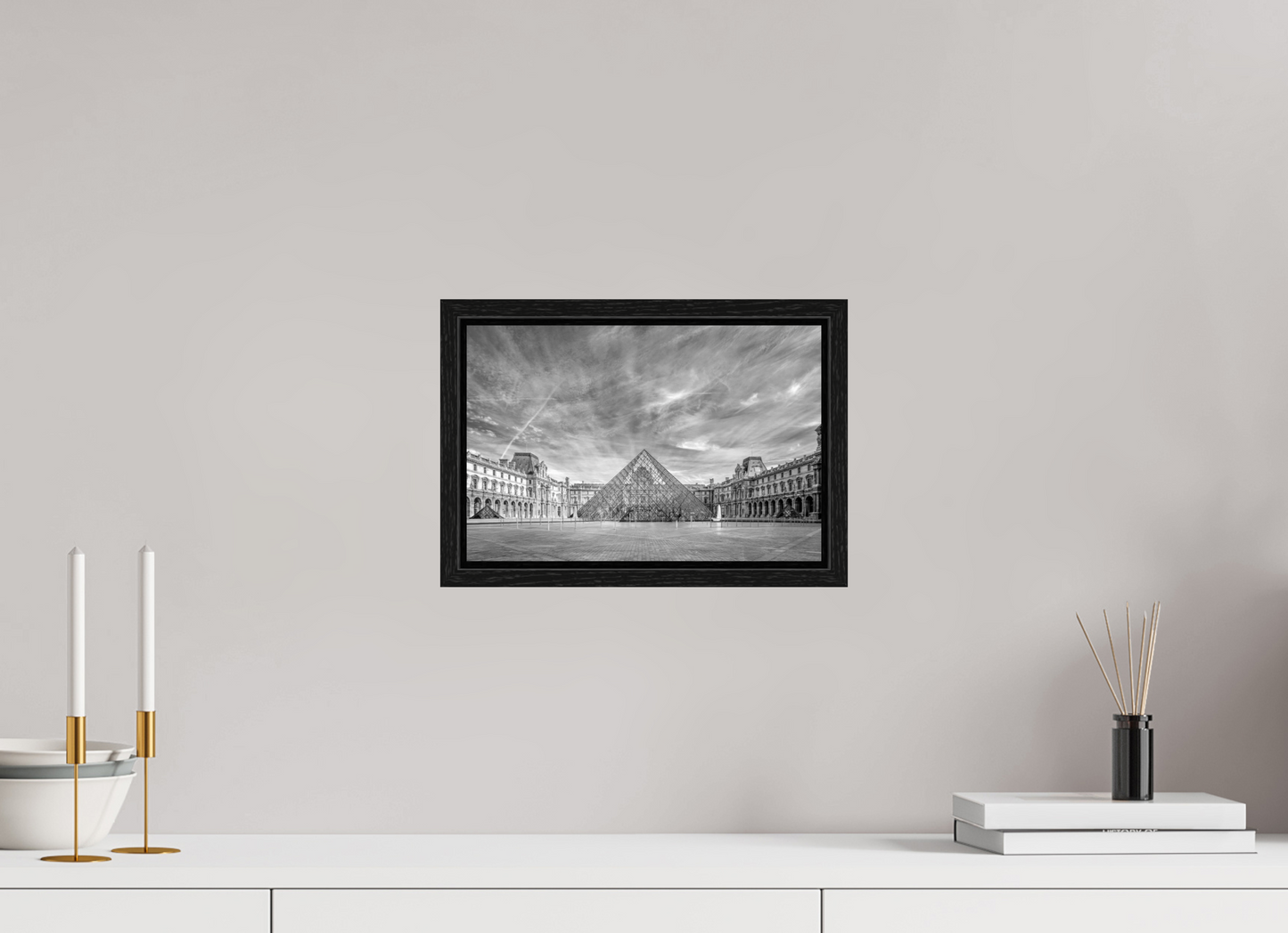 12 x 8″, Floater Frame Paris - Architectural Fine Art Photograph (Black & White)- Louvre Pyramid Symphony