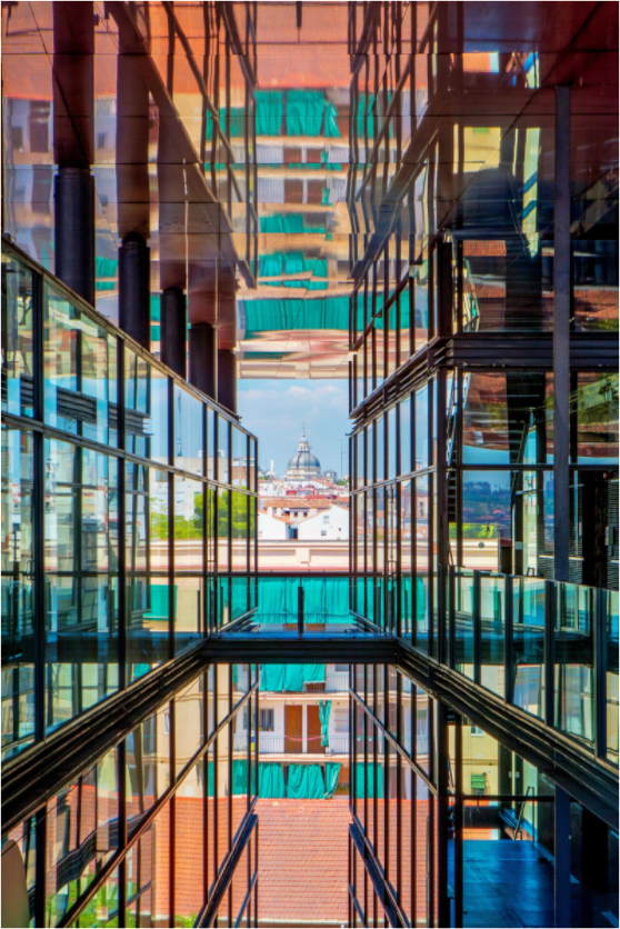 Main image Madrid Architectural Reflection Print – Colegiata de San Isidro Dome from Reina Sofía Museum