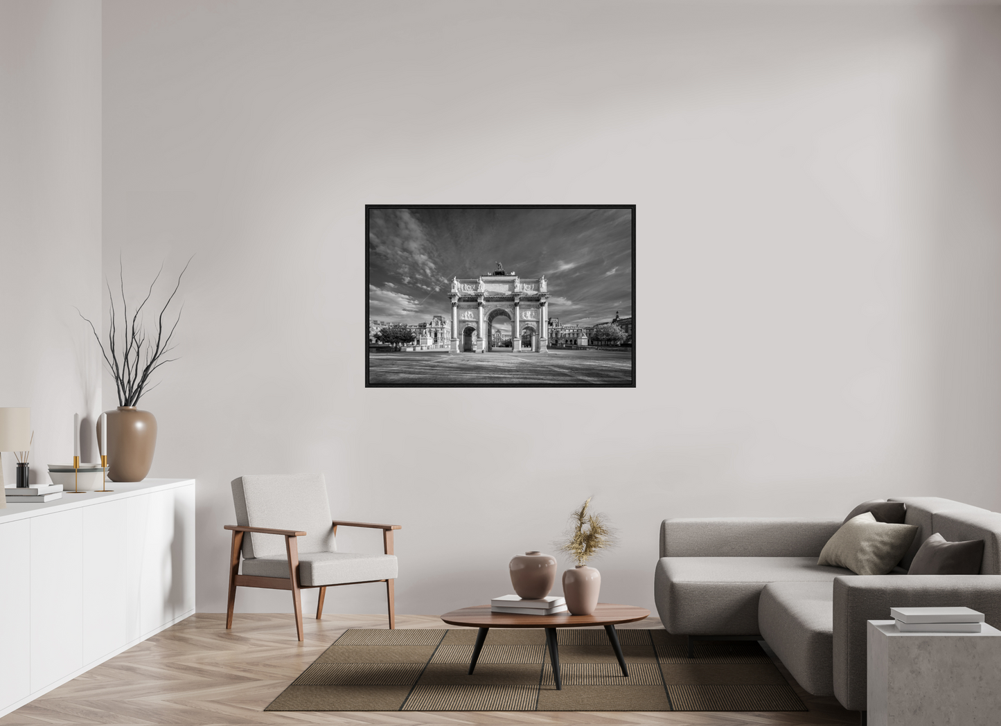 54 x 36″, Floater Frame Paris -Louvre’s Gateway – Black and White Architectural Prin