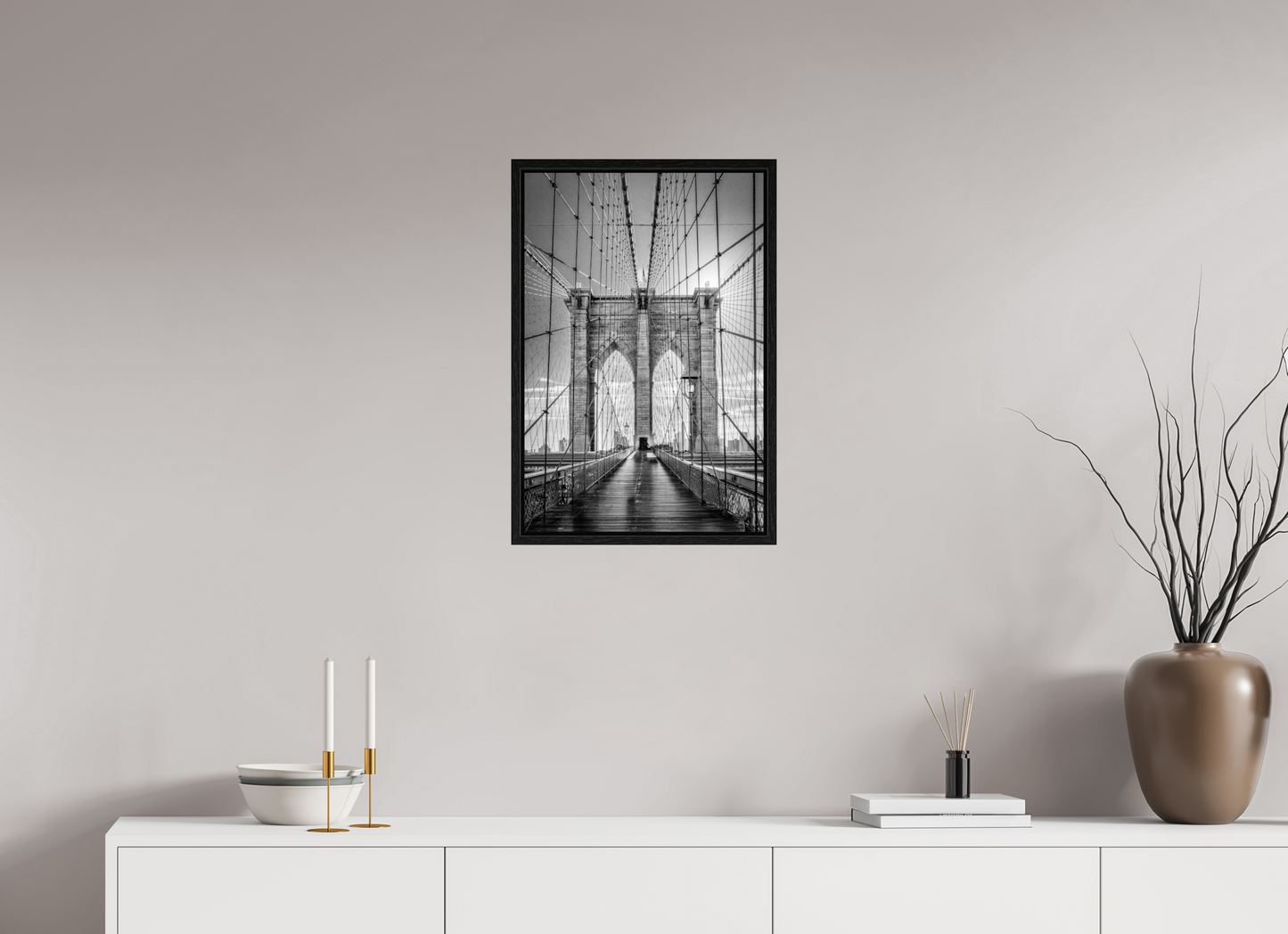 16 x 24″, Floater Frame Lines of Infinity – Brooklyn Bridge Fine Art Black & White Photography Print