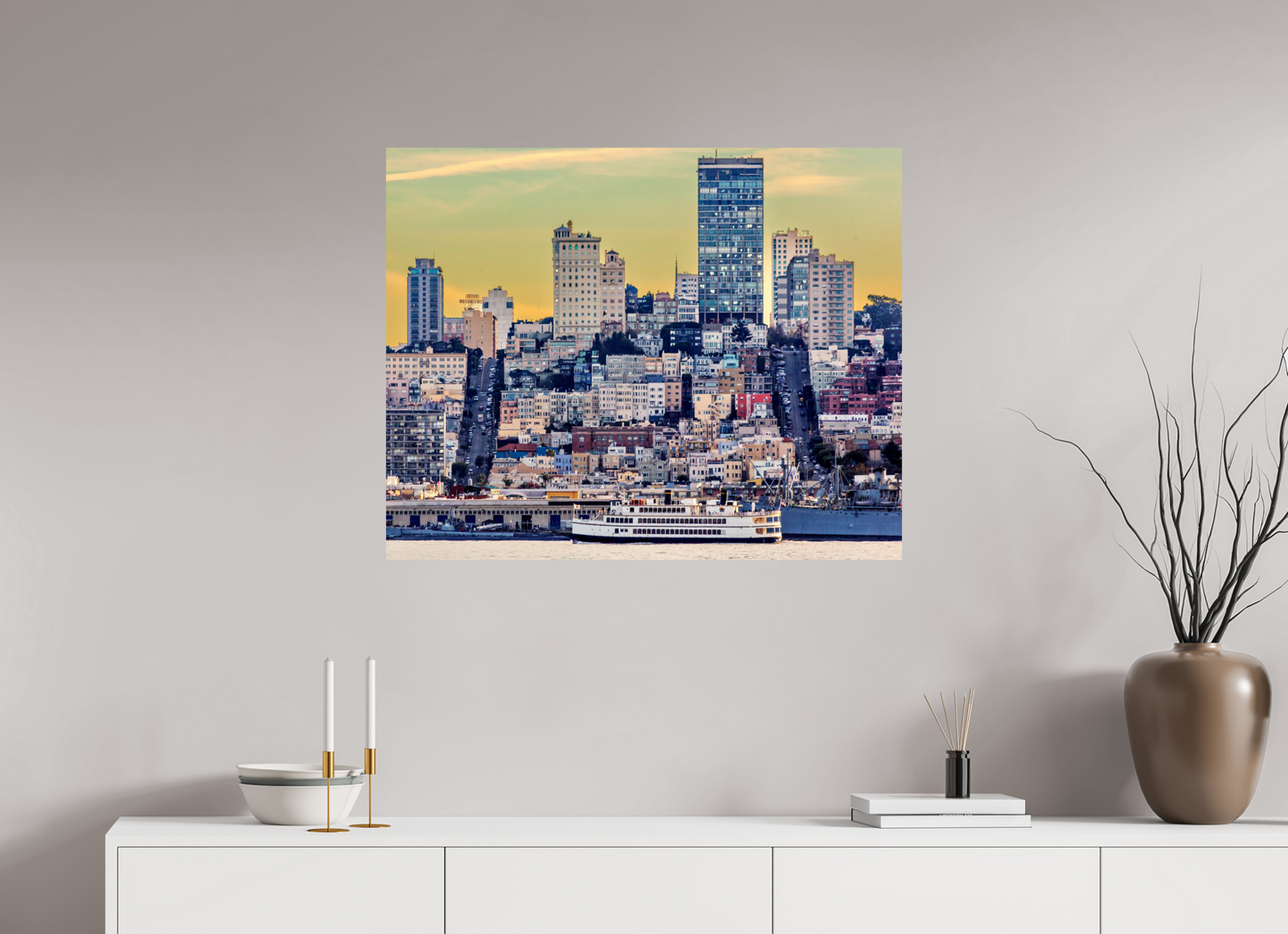 35 x 28″, Photo Print On Fuji Crystal DP II San Francisco - Cityscape with Ferry at Sunse