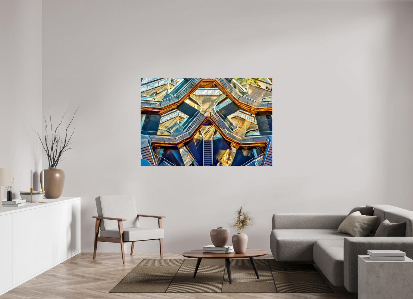 66 x 44″, Photo Print Under Acrylic Glass New York - Golden Geometry — The Vessel, Architectural Fine Art Photograph