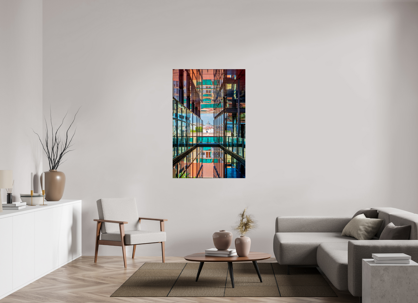 36 x 54″, Photo Print Under Acrylic Glass Madrid Architectural Reflection Print – Colegiata de San Isidro Dome from Reina Sofía Museum