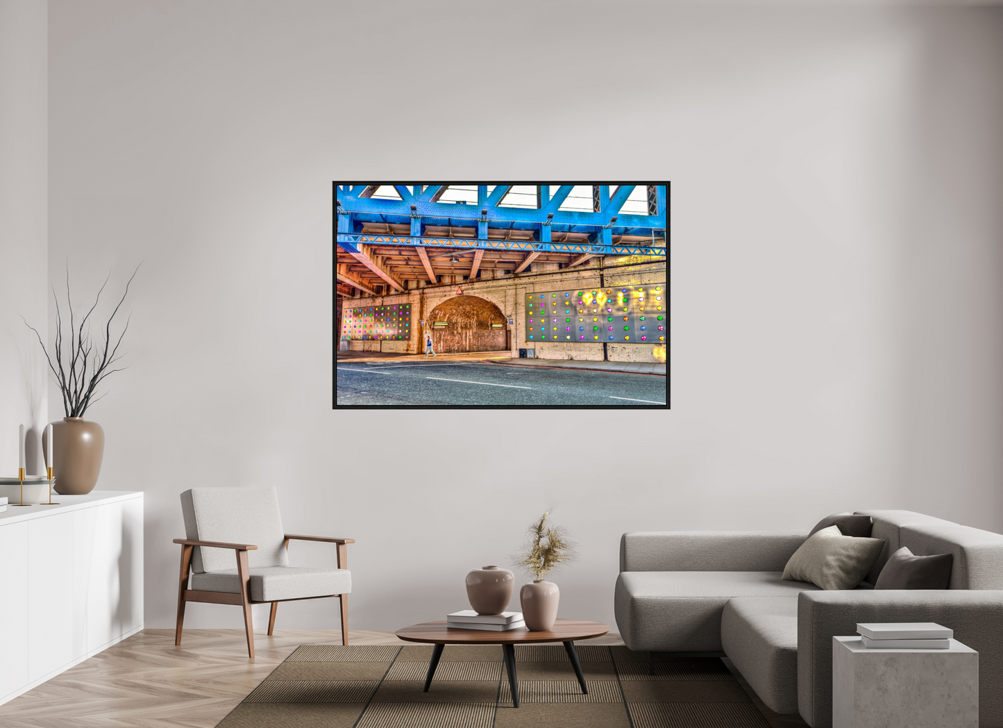 66 x 44″, Floater Frame London Fine Art Photograph - Urban Geometry Under Blue Steel