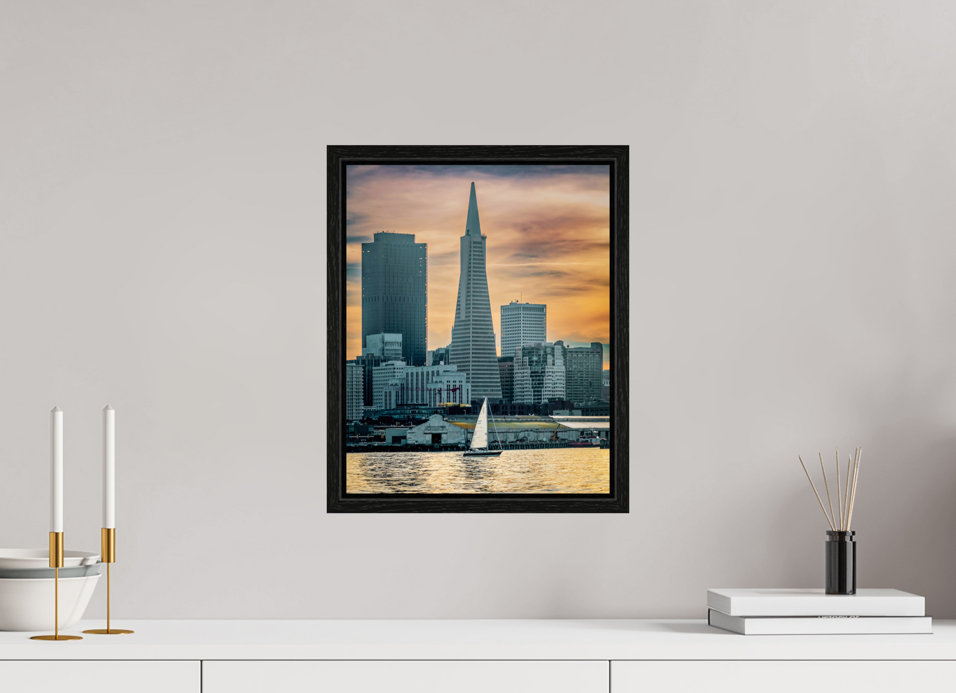 12 x 15″, Floater Frame San Francisco Sunset with Sailboat — Transamerica Pyramid Fine Art Print