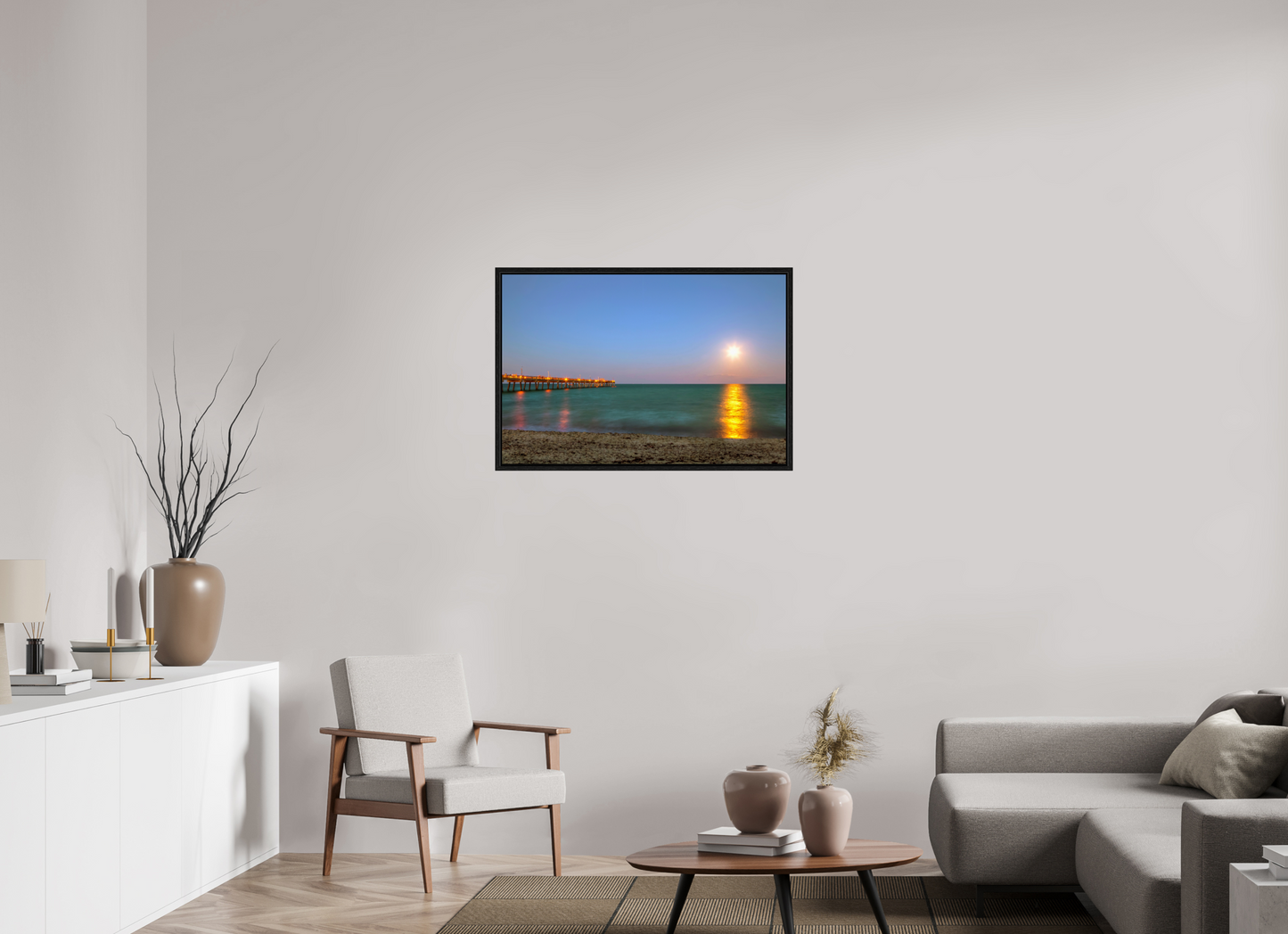 36 x 24″, Floater Frame Moonrise Over the Pier