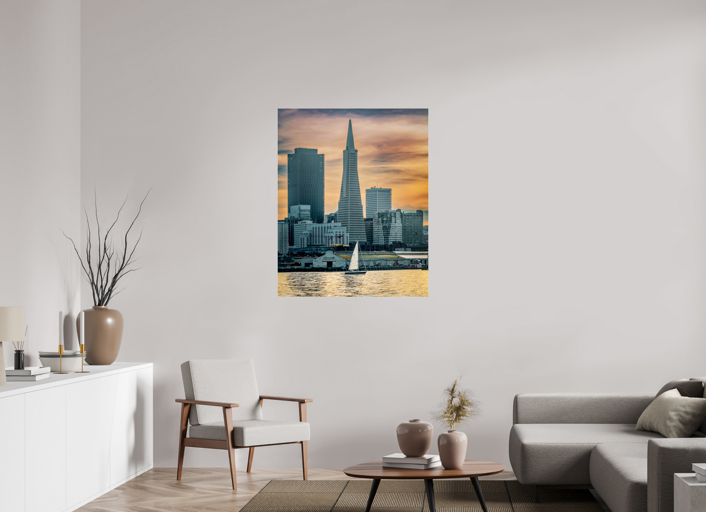 35 x 43.7″, Photo Print Under Acrylic Glass San Francisco Sunset with Sailboat — Transamerica Pyramid Fine Art Print