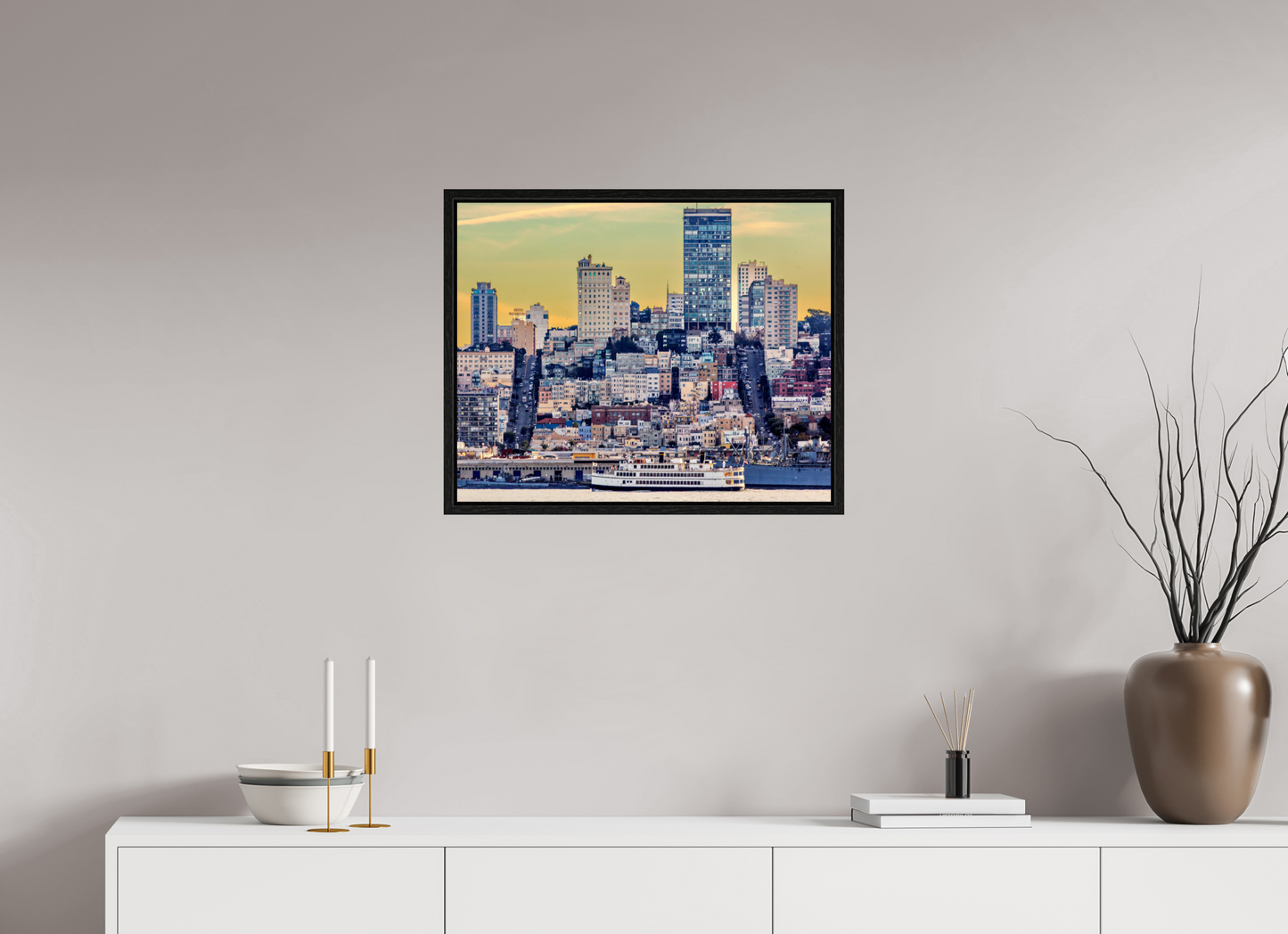 25 x 20″, Floater Frame San Francisco - Cityscape with Ferry at Sunse