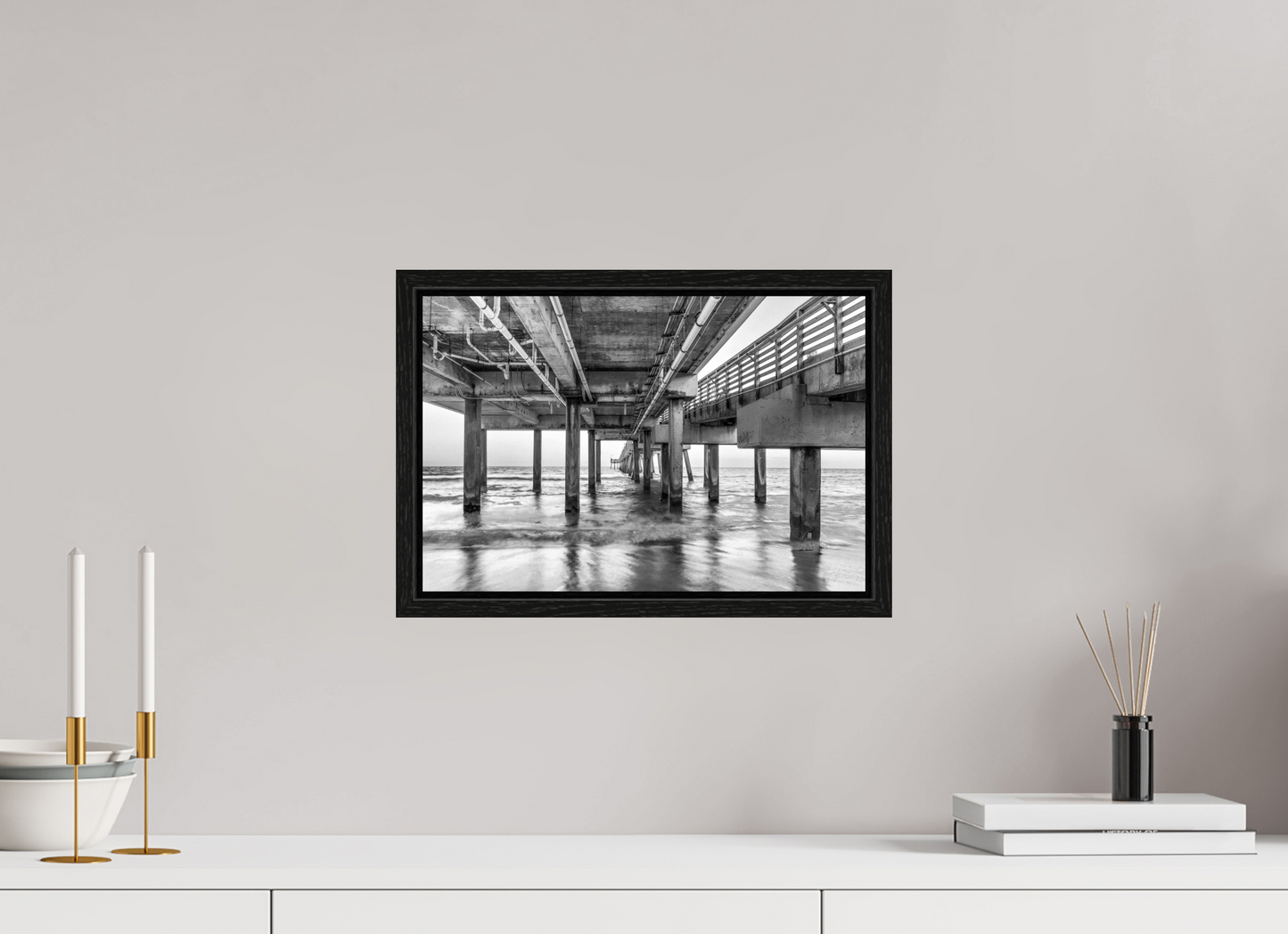 15 x 10″, Floater Frame Florida - Under the Pier — Coastal Geometry in Black & White