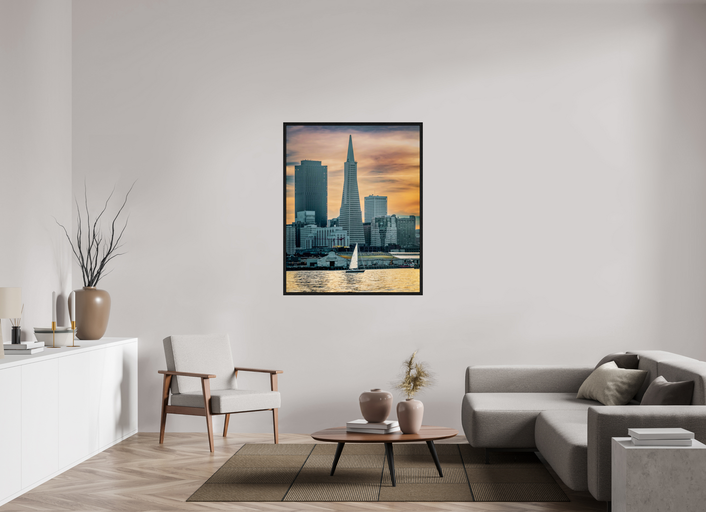 39 x 48.7″, Floater Frame San Francisco Sunset with Sailboat — Transamerica Pyramid Fine Art Print