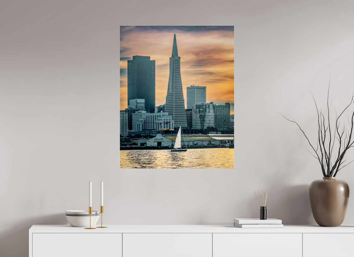 28 x 35″, Photo Print Under Acrylic Glass San Francisco Sunset with Sailboat — Transamerica Pyramid Fine Art Print