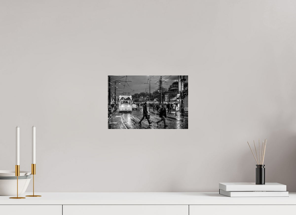12 x 8″, Photo Print Under Acrylic Glass Rainy Evening Tram — Istanbul Street Photography (Black & White)